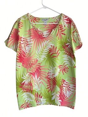 Caribbean Joe Tropical Print Top 2X Braided Neck Cotton Stretch Blouse